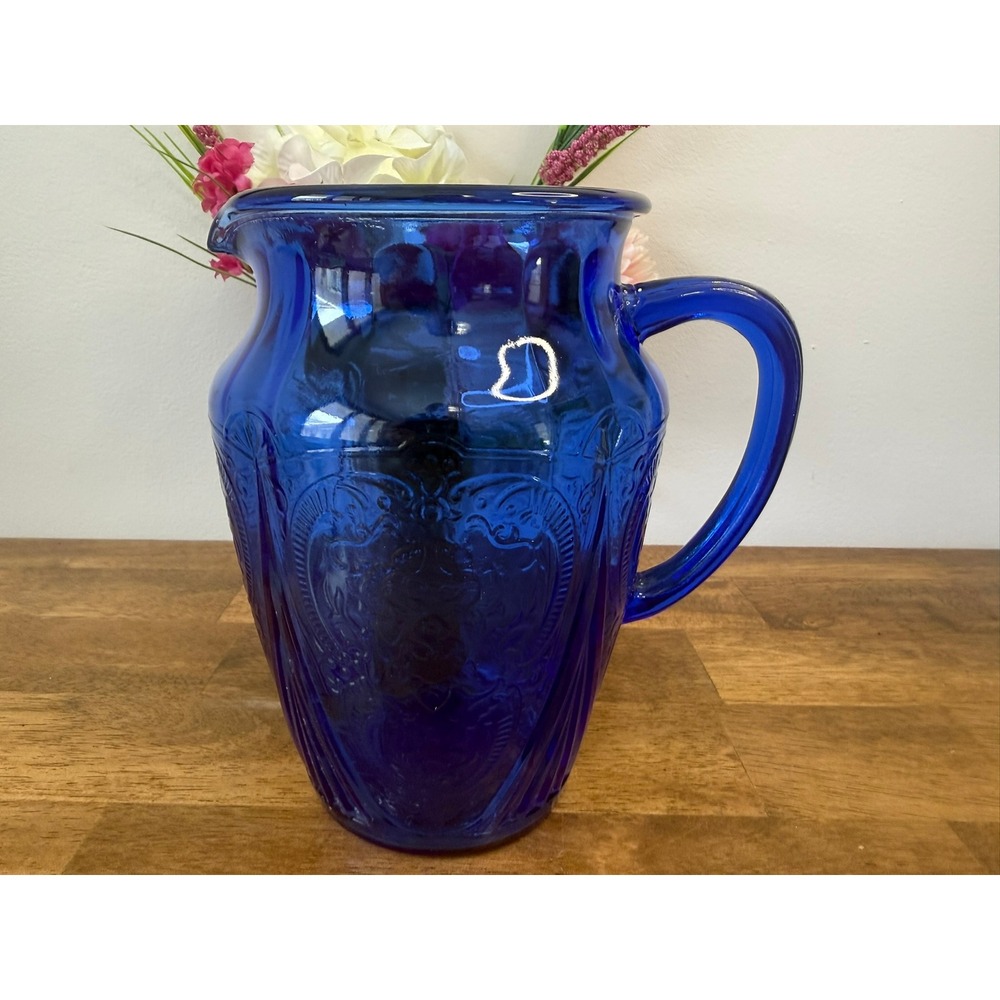 Rare Vintage‎ Hazel Atlas Royal Lace Cobalt Blue Pitcher 64 Oz Depression Glass